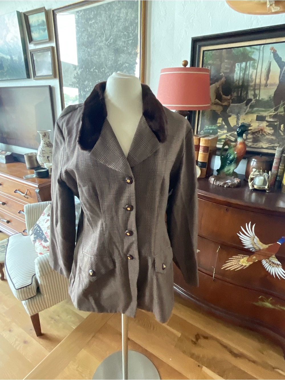Brown Plaid Wool-Blend Blazer with Faux Fur Collar